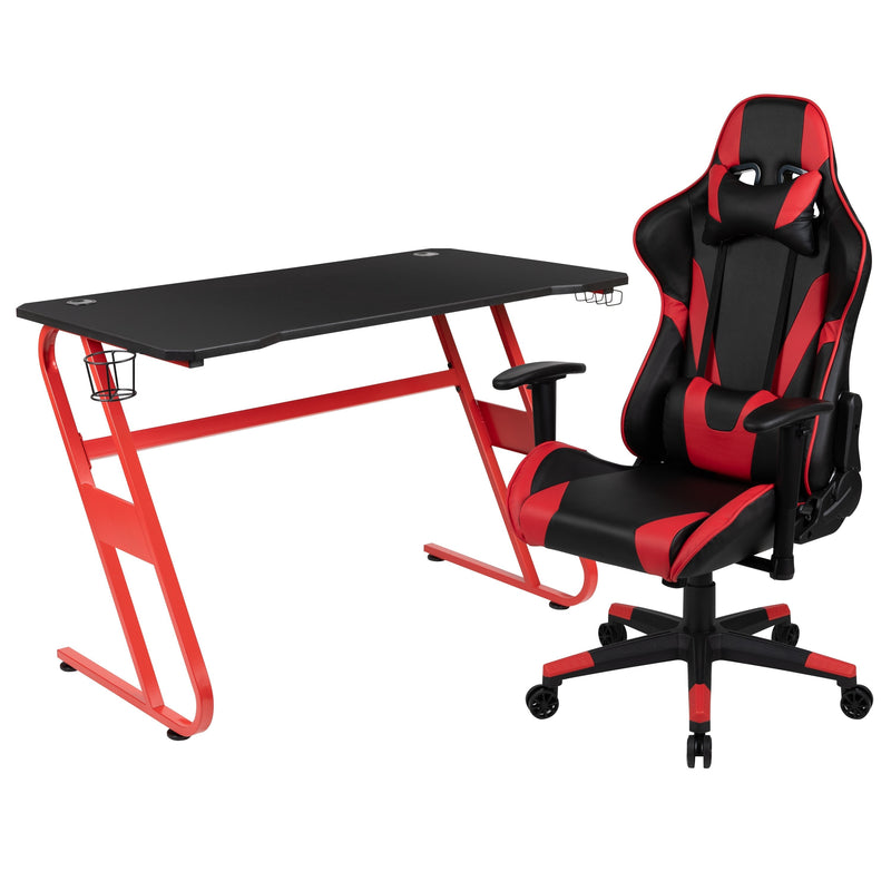 Red Gaming Desk and Red/Black Reclining Gaming Chair Set with Cup Holder and Headphone Hook (BLN-X20RSG1030-RD-GG)