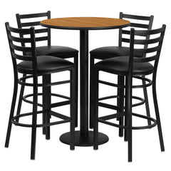 30'' Round Natural Laminate Table Set with Round Base and 4 Ladder Metal Barstools (RSRB1023-GG)